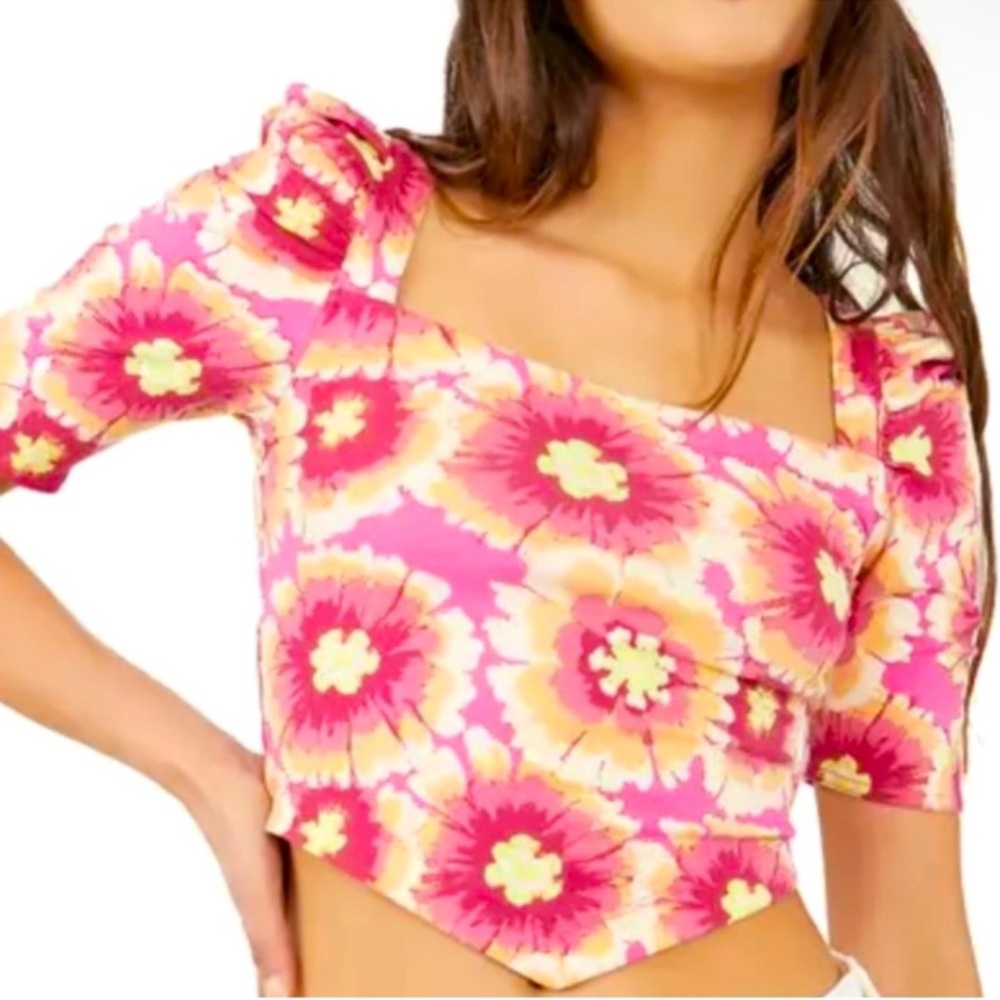 NWT Free People Give Me More Puff Sleeve Floral Top in Color Pop size Large